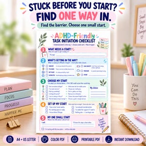May include: A white paper ADHD-Friendly Task Initiation Checklist with five numbered sections, colorful icons, and text prompts to help break down tasks. The document includes fields for identifying barriers, choosing small starts, and setting up actions.