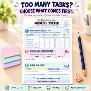 ADHD Task Prioritization Worksheet, What Should I Do First, Executive Function Printable PDF