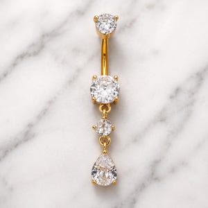 Gold Dangle Belly Button Ring, CZ Navel Piercing, 14G Stainless Steel Belly Ring, Teardrop Belly Jewelry Gift for Women