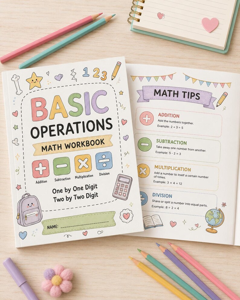 K&ouml;nnte beinhalten: Ein Mathe-Arbeitsbuch mit dem Titel Basic Operations Math Workbook mit pastellfarbenen Illustrationen eines Rucksacks, eines Taschenrechners und Mathe-Symbolen. Das Cover zeigt Texte f&uuml;r Addition, Subtraktion, Multiplikation und Division.