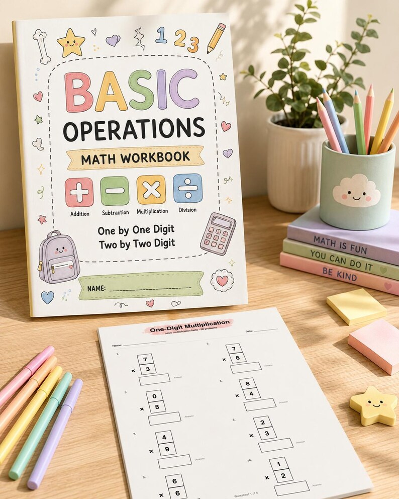 K&ouml;nnte beinhalten: Ein Mathematik-Arbeitsbuch mit dem Titel Basic Operations mit bunten Illustrationen eines Rucksacks, eines Taschenrechners und mathematischer Symbole. Das Cover enth&auml;lt den Text One by One Digit Two by Two Digit und eine Zeile f&uuml;r den Namen.