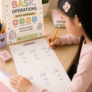 Peut inclure: Un cahier d'exercices de mathématiques intitulé Basic Operations avec des icônes colorées et une feuille de travail présentant des problèmes de division à un chiffre. La couverture affiche des symboles mathématiques, une calculatrice et un sac à dos.