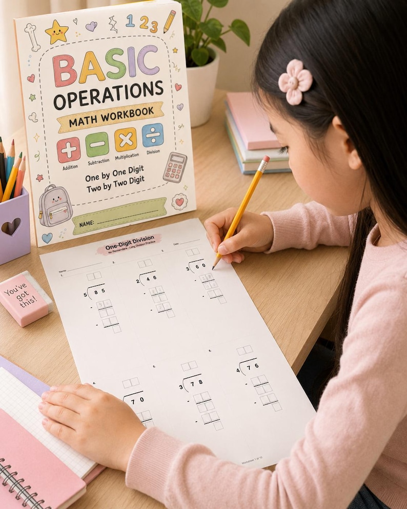 K&ouml;nnte beinhalten: Ein Mathematik-Arbeitsbuch mit dem Titel Basic Operations, bunten Symbolen und einem Arbeitsblatt mit einstelligen Divisionsaufgaben. Das Cover zeigt Additions-, Subtraktions-, Multiplikations- und Divisionszeichen, einen Taschenrechner und einen Rucksack.