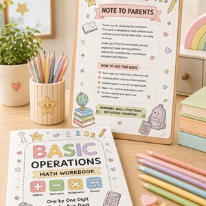 K&ouml;nnte beinhalten: Ein Mathe-Arbeitsbuch mit dem Titel Basic Operations mit pastellfarbenen Illustrationen eines Rucksacks, Taschenrechners und Mathe-Symbolen. Ein Klemmbrett zeigt eine Notiz an die Eltern, begleitet von einem Stiftehalter mit Buntstiften.