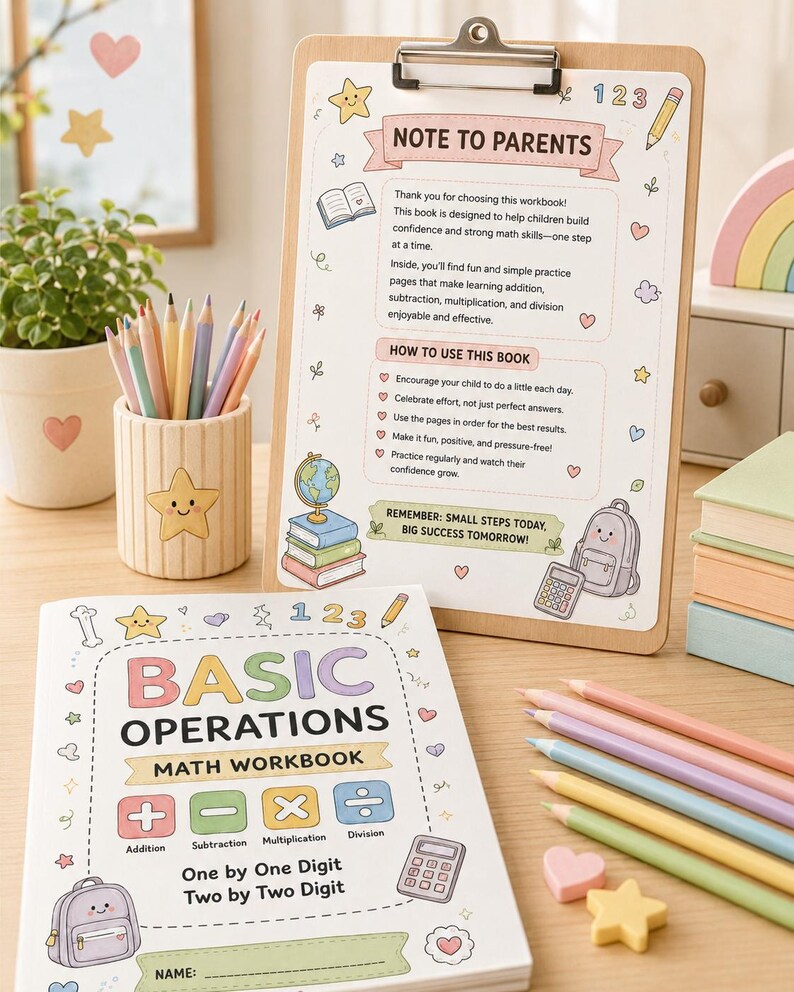 K&ouml;nnte beinhalten: Ein Mathe-Arbeitsbuch mit dem Titel Basic Operations mit pastellfarbenen Illustrationen eines Rucksacks, Taschenrechners und Mathe-Symbolen. Ein Klemmbrett zeigt eine Notiz an die Eltern, begleitet von einem Stiftehalter mit Buntstiften.
