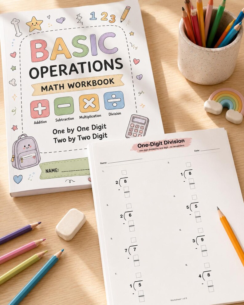 K&ouml;nnte beinhalten: Ein Basic Operations Mathe-Arbeitsbuch mit einem bunten Einband, der mathematische Symbole und einen Rucksack zeigt. Daneben liegt ein offenes Arbeitsblatt mit der &Uuml;berschrift One-Digit Division und verschiedenen Rechenaufgaben.