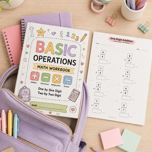 K&ouml;nnte beinhalten: Ein Mathe-Arbeitsbuch mit dem Titel Basic Operations mit bunten Symbolen, ein passendes Arbeitsblatt f&uuml;r einstellige Addition, ein lavendelfarbener Rucksack, Pastellstifte, Washi-Tape, B&uuml;roklammern und Haftnotizen auf einer hellen Holzoberfl&auml;che.