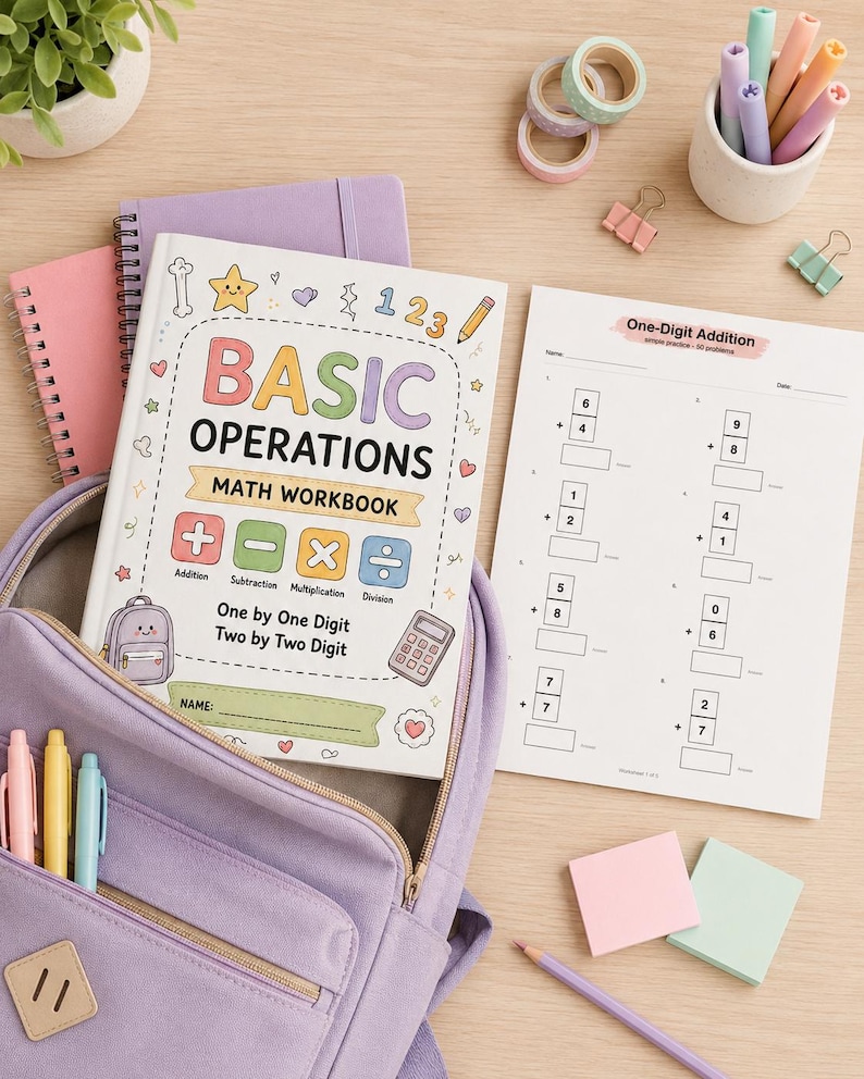 K&ouml;nnte beinhalten: Ein Mathe-Arbeitsbuch mit dem Titel Basic Operations mit bunten Symbolen, ein passendes Arbeitsblatt f&uuml;r einstellige Addition, ein lavendelfarbener Rucksack, Pastellstifte, Washi-Tape, B&uuml;roklammern und Haftnotizen auf einer hellen Holzoberfl&auml;che.
