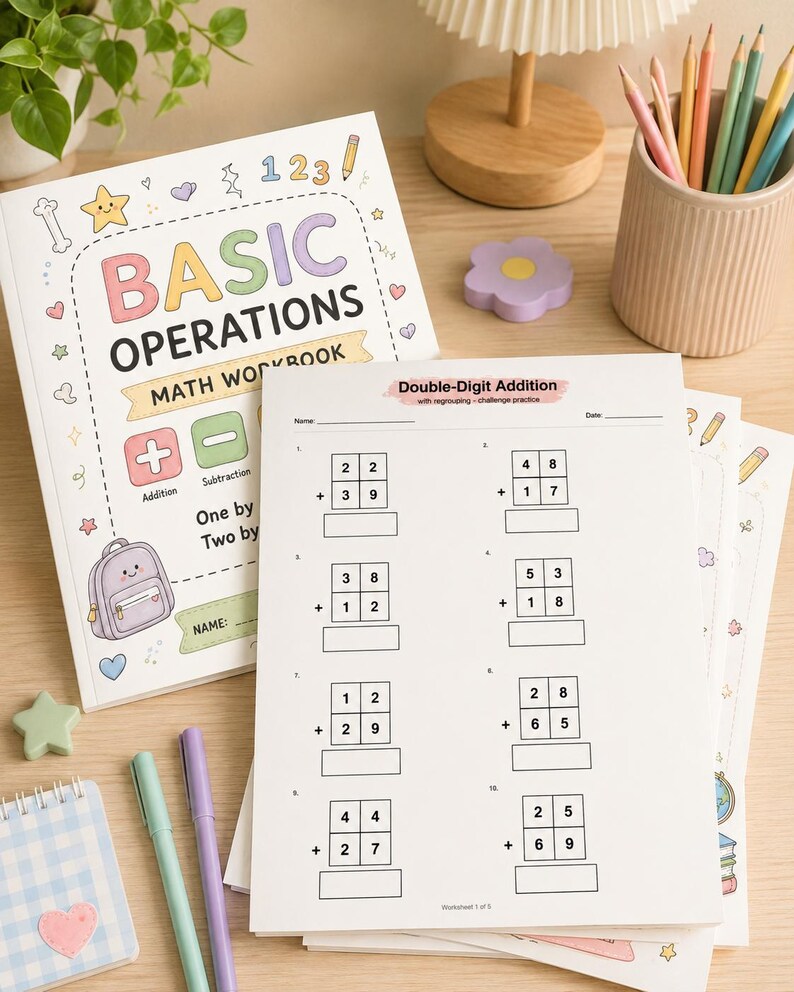 K&ouml;nnte beinhalten: Ein Mathematik-Arbeitsheft mit dem Titel Basic Operations mit pastellfarbenen Illustrationen von Rucksack, Sternen und Herzen, neben einem Arbeitsblatt f&uuml;r zweistellige Addition, Buntstiften im Becher und zwei Stiften auf einer Holzoberfl&auml;che.
