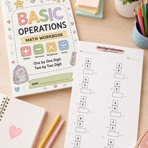 K&ouml;nnte beinhalten: Ein Mathematik-Arbeitsheft mit dem Titel Basic Operations mit pastellfarbenen Illustrationen eines Rucksacks, Taschenrechners und Mathe-Symbolen, dazu ein Arbeitsblatt f&uuml;r einstellige Subtraktion, ein Spiralblock und Buntstifte.