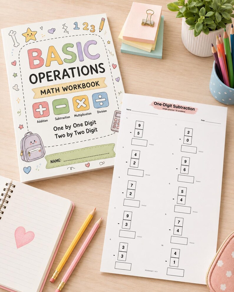 K&ouml;nnte beinhalten: Ein Mathematik-Arbeitsheft mit dem Titel Basic Operations mit pastellfarbenen Illustrationen eines Rucksacks, Taschenrechners und Mathe-Symbolen, dazu ein Arbeitsblatt f&uuml;r einstellige Subtraktion, ein Spiralblock und Buntstifte.