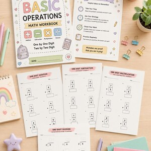 K&ouml;nnte beinhalten: Ein Mathematik-Arbeitsbuch mit dem Titel Basic Operations, inklusive eines Tipps-Blatts und &Uuml;bungsseiten f&uuml;r Addition, Subtraktion, Multiplikation und Division. Das Set enth&auml;lt pastellfarbene Schreibwaren, einen sternf&ouml;rmigen Radierer und B&uuml;roklammern.