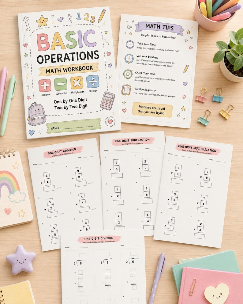 K&ouml;nnte beinhalten: Ein Mathematik-Arbeitsbuch mit dem Titel Basic Operations, inklusive eines Tipps-Blatts und &Uuml;bungsseiten f&uuml;r Addition, Subtraktion, Multiplikation und Division. Das Set enth&auml;lt pastellfarbene Schreibwaren, einen sternf&ouml;rmigen Radierer und B&uuml;roklammern.