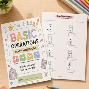 K&ouml;nnte beinhalten: Ein Mathematik-Arbeitsheft mit dem Titel Basic Operations mit bunten Illustrationen eines Rucksacks, Taschenrechners und Mathe-Symbolen sowie ein wei&szlig;es Arbeitsblatt mit dem Titel One-Digit Addition mit vertikalen Additionsaufgaben.