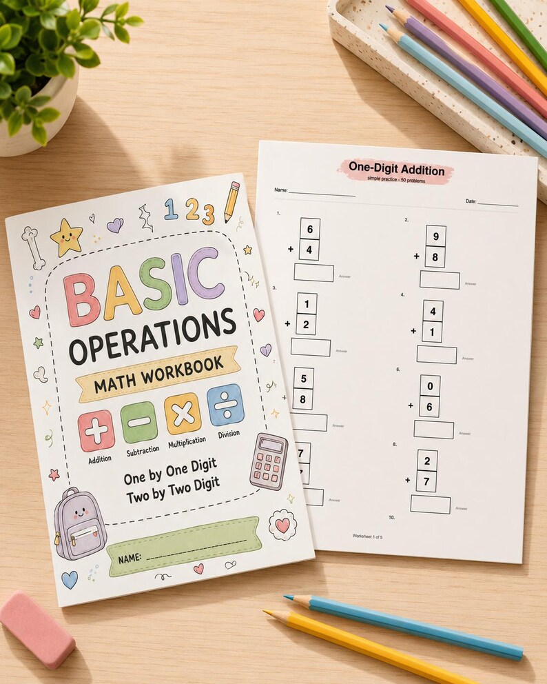 K&ouml;nnte beinhalten: Ein Mathematik-Arbeitsheft mit dem Titel Basic Operations mit bunten Illustrationen eines Rucksacks, Taschenrechners und Mathe-Symbolen sowie ein wei&szlig;es Arbeitsblatt mit dem Titel One-Digit Addition mit vertikalen Additionsaufgaben.