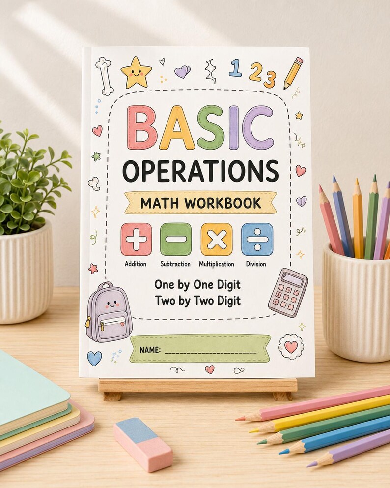 K&ouml;nnte beinhalten: Ein wei&szlig;es Mathe-Arbeitsheft mit dem Titel Basic Operations und bunten Illustrationen eines Rucksacks, eines Taschenrechners und mathematischer Symbole. Das Cover zeigt Pastellakzente, eine Namenszeile und den Text Addition, Subtraction, Multiplication, Division, One by One Digit und Two by Two Digit.