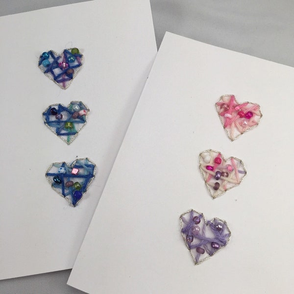 Valentine's cards, hand stitched cards, hearts, beaded cards, beaded hearts, embroidered cards, Valentine's Day