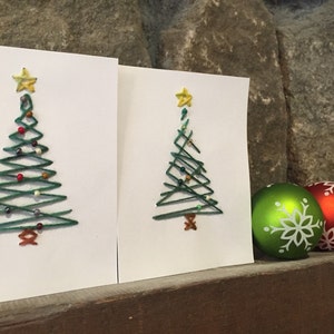 Holiday card, beaded card, handmade card, tree with ornaments, Christmas tree, scrap yarn card, hand stitched