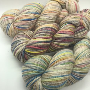 May include: A close-up of a skein of yarn with a multi-colored striped pattern. The yarn is a mix of beige, brown, yellow, pink, blue, and green.
