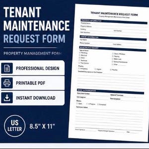 May include: A white Tenant Maintenance Request Form document on a dark blue background. The form includes sections for property information, tenant details, maintenance requests, and entry authorization. It is sized at 8.5 inches by 11 inches.