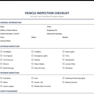 Può includere: Un modulo di lista di controllo per l'ispezione del veicolo bianco con testo nero. Include sezioni per informazioni generali, ispezione esterna, ispezione interna e attrezzature di sicurezza, con caselle di controllo per fari, pneumatici e cinture.