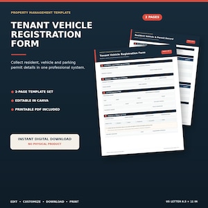 May include: A two-page Tenant Vehicle Registration Form template on a dark background. The document includes sections for property, resident, vehicle, and parking permit information. It is formatted for US Letter 8.5 x 11 inch paper size.