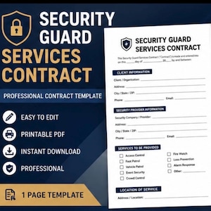Op de afbeelding: Een sjabloon voor een beveiligingscontract met een donkerblauwe achtergrond, gouden tekst en een wit document. Het document bevat velden voor klant- en aanbiedergegevens, te leveren diensten en de locatie van de dienstverlening.