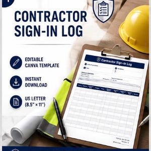 Op de afbeelding: Een Contractor Sign-In Log sjabloon op een klembord met een gele veiligheidshelm en een zwarte pen. Het document bevat velden voor adres, datum, gegevens van de aannemer en een raster voor registratie in het formaat 21,59 cm x 27,94 cm.