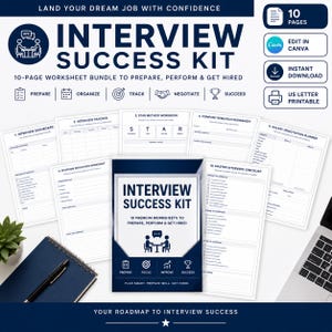 Peut inclure: Un ensemble de 10 feuilles de travail Interview Success Kit comprenant une page de couverture centrale et divers documents de planification, notamment un tableau de bord, un suivi, une méthode STAR et un planificateur de négociation salariale.