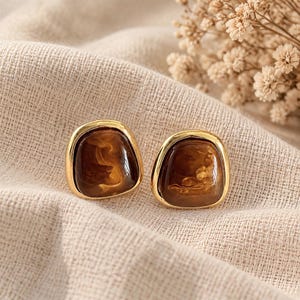May include: A pair of stud earrings featuring smooth, rounded, dark brown resin centers with swirling lighter brown patterns, each encased in a polished gold-tone metal frame with a rounded, irregular shape that highlights the contrast.
