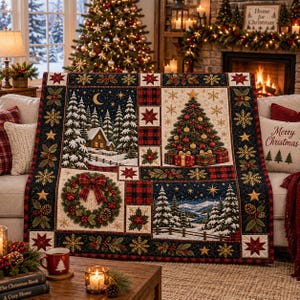 Può includere: Una trapunta rettangolare a tema natalizio con un design patchwork che mostra scene di una baita innevata, un albero decorato con regali, una ghirlanda festiva e un paesaggio forestale invernale, accentuato da motivi scozzesi rossi e neri.