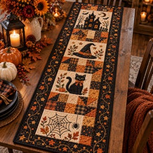Halloween Quilted Table Runner, Fall Table Runner, Haunted House Witch Cat Decor, Spooky Autumn Dining Table Runner Home Decor