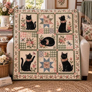 Puede incluir: Una manta acolchada con un patrón de cuadrícula de gatos negros con collares florales, cuadros vichy rosas y verdes, y motivos de estrellas. El diseño incluye ilustraciones de libélulas y detalles florales con un borde verde.