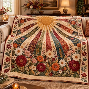Könnte beinhalten: Eine gesteppte Tagesdecke mit einem zentralen Sonnenstrahlenmuster in Creme-, Rot- und Petroltönen. Die Decke ist mit detaillierten Blumenmustern verziert, darunter große rote Dahlien, weiße Gänseblümchen und orangefarbene Blüten.
