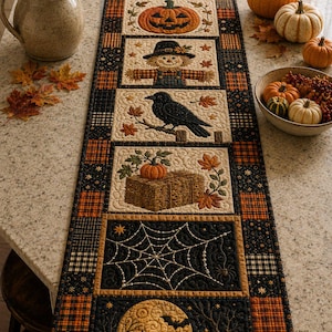 May include: A rectangular quilted table runner featuring a series of six vertical panels with autumn and Halloween motifs including a jack-o'-lantern, a scarecrow, a black crow, a pumpkin on a hay bale, a spider web, and a full moon with a bat.