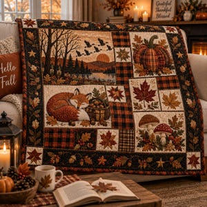 May include: A patchwork quilt featuring autumn-themed illustrations including a sleeping fox, a pumpkin, mushrooms, and a landscape with flying geese. The design incorporates black and orange plaid patterns, maple leaves, and acorns in a border.