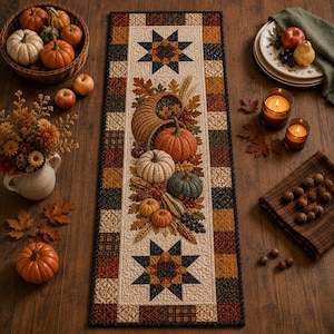 Thanksgiving Quilted Table Runner, Cornucopia Harvest Table Decor, Pumpkin Star Patchwork Runner, Rustic Farmhouse Fall Decor, Gift for Her