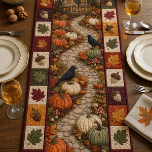May include: A rectangular fabric table runner featuring a central scene of a stone cottage, a winding cobblestone path, pumpkins, and black birds. The border consists of alternating squares displaying embroidered autumn leaves and acorns.
