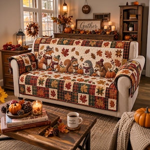 May include: A sofa cover featuring a patchwork design with a cream-colored center panel displaying illustrations of a fox, squirrel, and hedgehog wearing hats and scarves, surrounded by autumn leaves and pumpkins, bordered by a red and green plaid pattern.