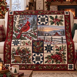 Könnte beinhalten: Ein rechteckiger Quilt mit Patchwork-Design, der einen roten Kardinal auf einem verschneiten Ast, eine winterliche Farm-Landschaft, Tannenzapfen im Korb, Stechpalmenbeeren und blau karierte Sternblöcke zeigt, umrahmt von einer roten Bordüre.