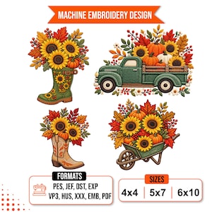 May include: Machine embroidery design featuring four autumn-themed illustrations: a sunflower-filled green boot, a green pickup truck carrying pumpkins and sunflowers, a sunflower-filled cowboy boot, and a wheelbarrow with pumpkins and sunflowers.