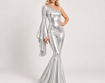 Metallic jumpsuit met één schouder, wijde mouwen en flared pijpen, retro feestoutfit