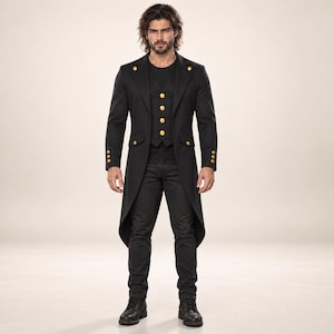 May include: A black long-tail coat featuring gold-toned buttons on the front, lapels, and cuffs, worn over a matching black waistcoat with four gold-toned buttons and a black shirt, paired with black trousers and black boots.