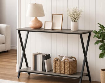 Slim Console Table | Narrow Sofa Table | Farmhouse Console Table with 2-Tier Shelves | Entryway Table | Behind Couch Storage Table