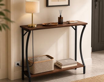 Console Table | Sofa Table | Slim Console Table with Charging Station | Narrow Sofa Table  | Entryway Table with Storage Shelf