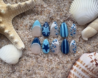 Blue White Cheetah Star Press On Nails, Handmade Nail Art Set