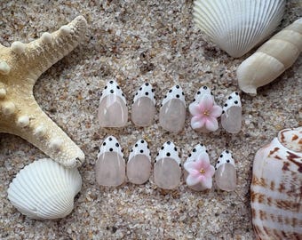 Press on Nails, Polkadot Flower Design, Handmade Nail Art (Prep Kit Included)