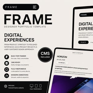 Peut inclure: Un modèle de portfolio de designer Framer affiché sur un ordinateur portable, une tablette et un smartphone. L'interface présente un schéma de couleurs noir et blanc avec le texte "FRAME DESIGNER PORTFOLIO TEMPLATE" et "DIGITAL EXPERIENCES".