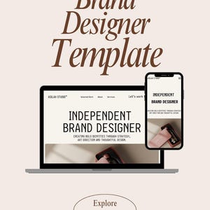May include: A digital brand designer template displayed on a laptop and smartphone screen. The text reads Brand Designer Template, Asilah Studio, Independent Brand Designer, Creating Bold Identities Through Strategy, Art Direction And Thoughtful Design.
