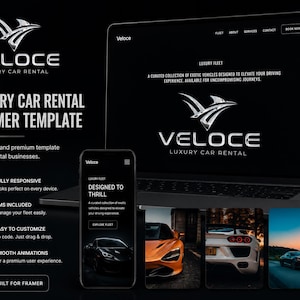 Op de afbeelding: Een digitaal sjabloon voor een luxe autoverhuurbedrijf, weergegeven op een laptop- en smartphonescherm. Het ontwerp bevat het Veloce-logo, tekst over een samengesteld wagenpark en afbeeldingen van sportwagens op een zwarte achtergrond.